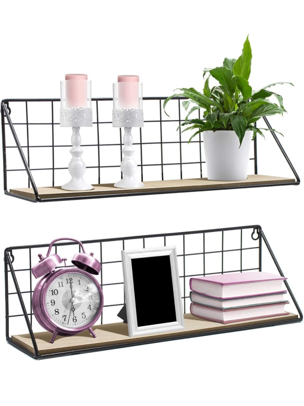 Metal Grid Wall Shelf Set with Wood Inserts - Black